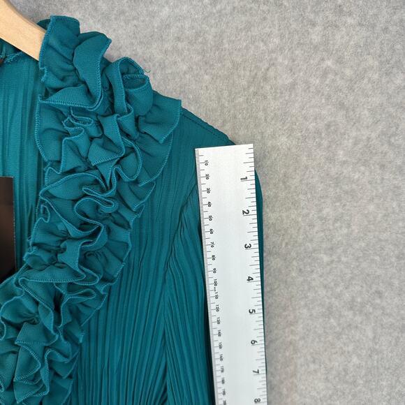 Susan Lucci Blouse Top Womens Medium Teal Green 100% Polyester Pleated Ruffled - Picture 14 of 15